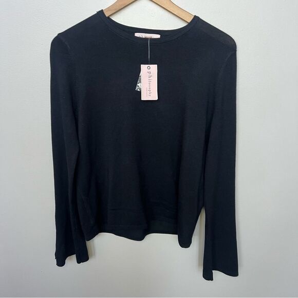 Philosophy NWT Black Long Sleeve Crewneck Sweater Top Gold Button Sleeve Medium - Picture 1 of 11